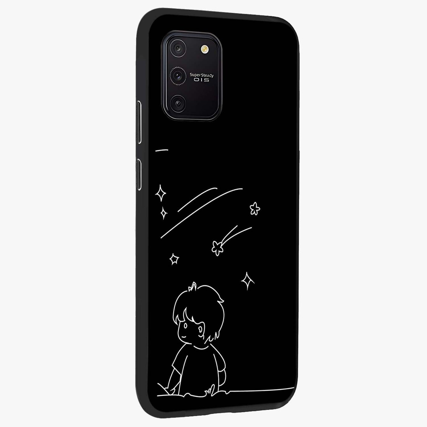 Line Art Boy With Shooting Stars Glass Case upright view showcasing artistic shooting star illustration with minimal style.