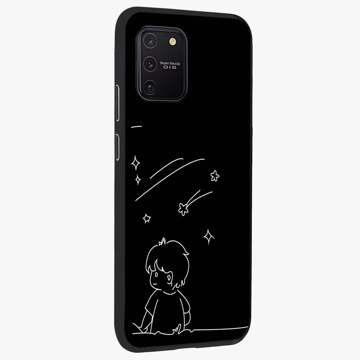 Line Art Boy With Shooting Stars Glass Case upright view showcasing artistic shooting star illustration with minimal style.