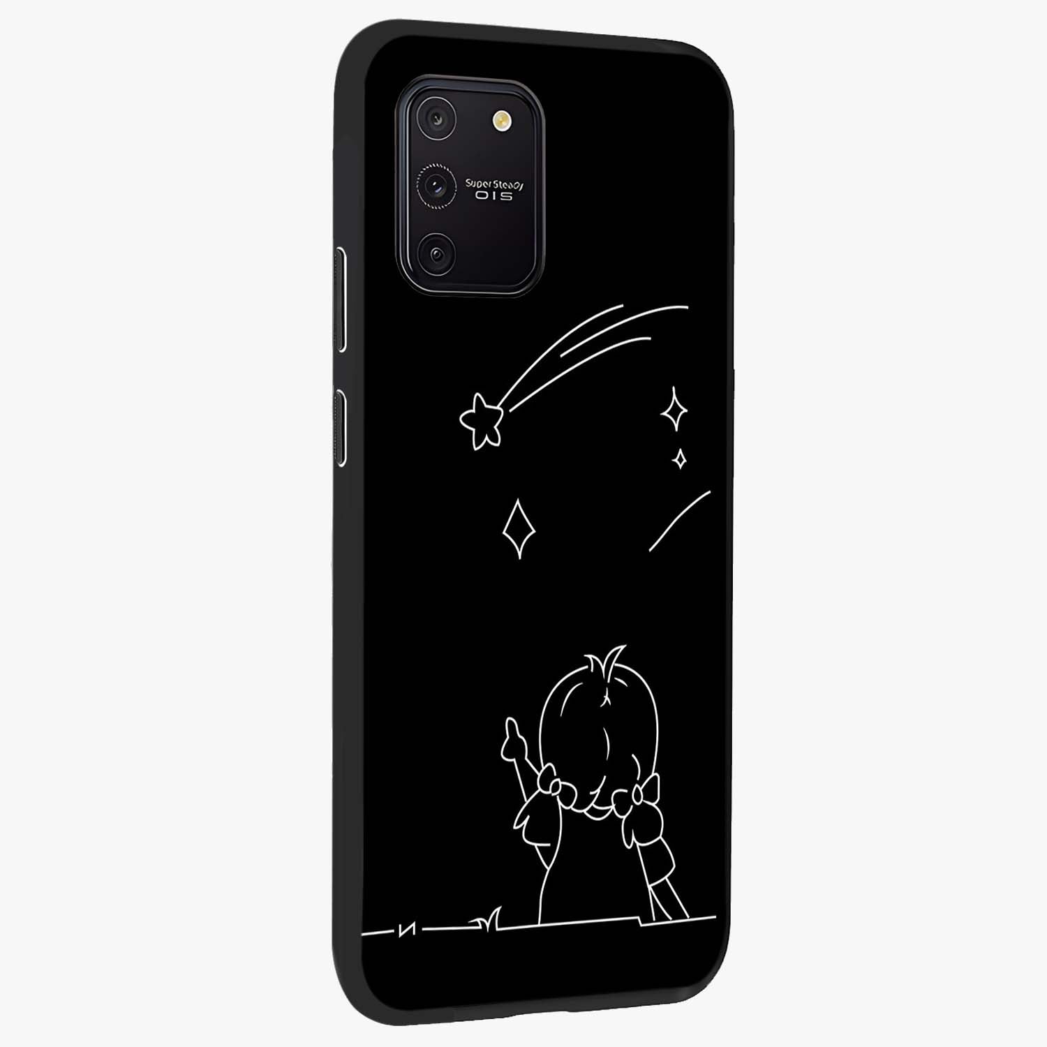 Line Art Girl With Shooting Stars Glass Case upright view showcasing delicate shooting stars artwork with minimal artistic theme.