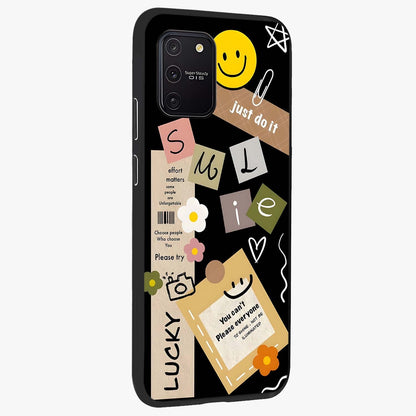 Lucky Aesthetic Collage Glass Case upright view showcasing vibrant collage artwork with youthful aesthetic theme.