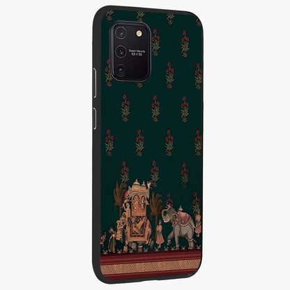 Macmerise Glass Case upright view showcasing bold artistic artwork with contemporary design theme.