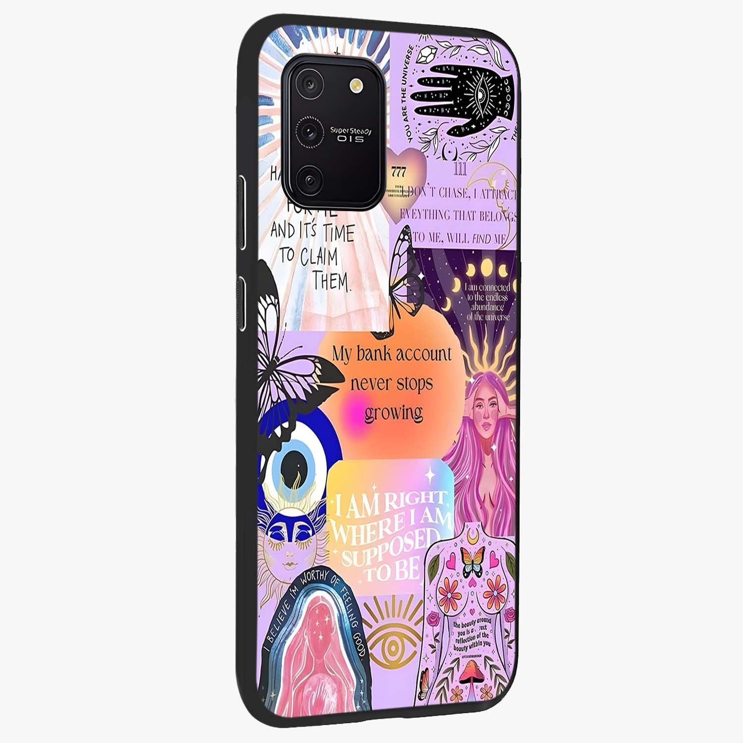 Manifestation Collage Glass Case upright view showcasing artistic manifestation themed artwork with creative style.