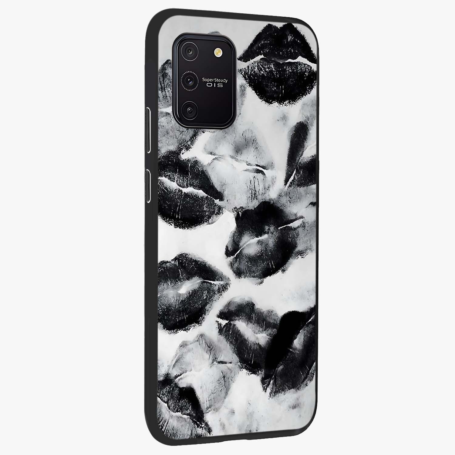 Midnight Kiss Marks Glass Case upright view showcasing stylish kiss mark artwork with trendy romantic theme.