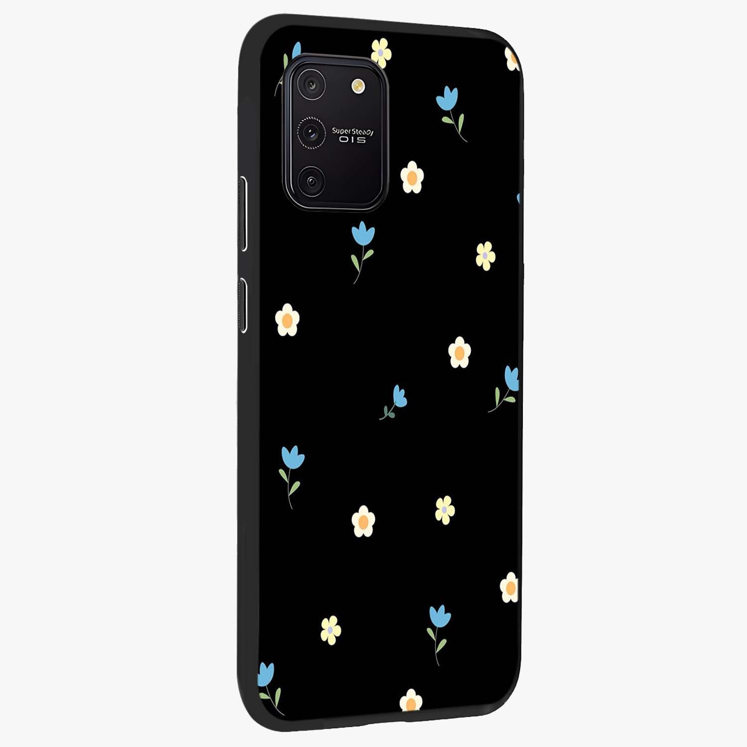 Minimal Petal Whispers Glass Case upright view showcasing elegant floral artwork with modern minimalist style.