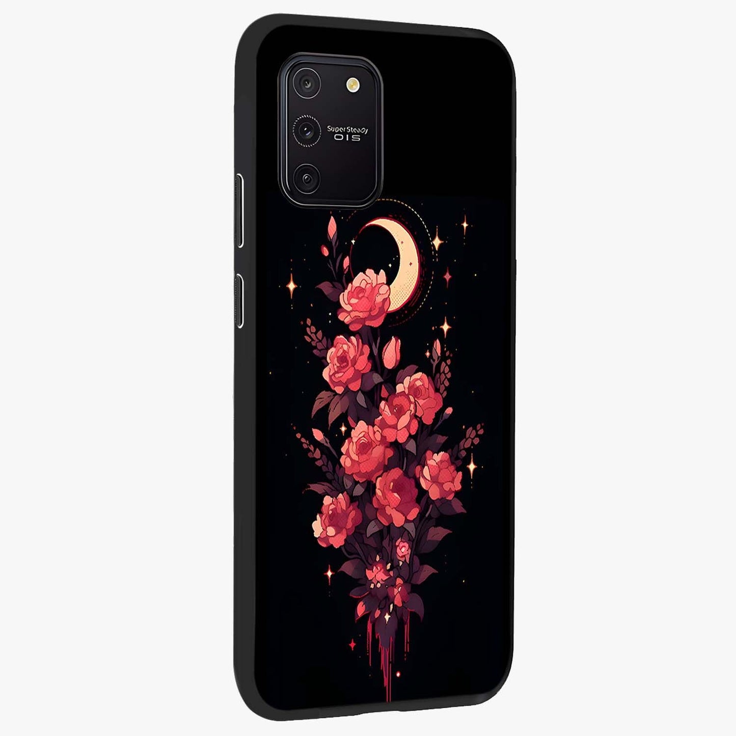 Moonlit Floral Elegance Glass Case upright view showcasing delicate floral artwork with refined night inspired theme.