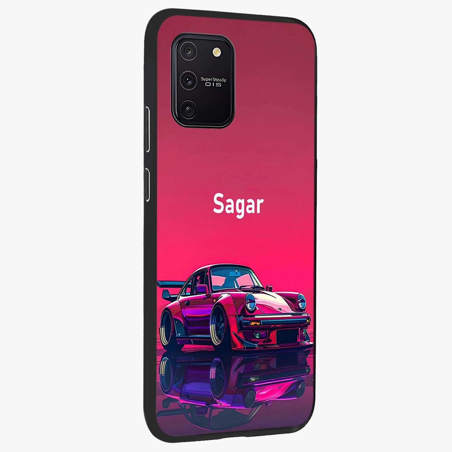 Neon Pink Porsche Glass Case upright view showcasing vibrant sports car artwork with bold automotive theme.