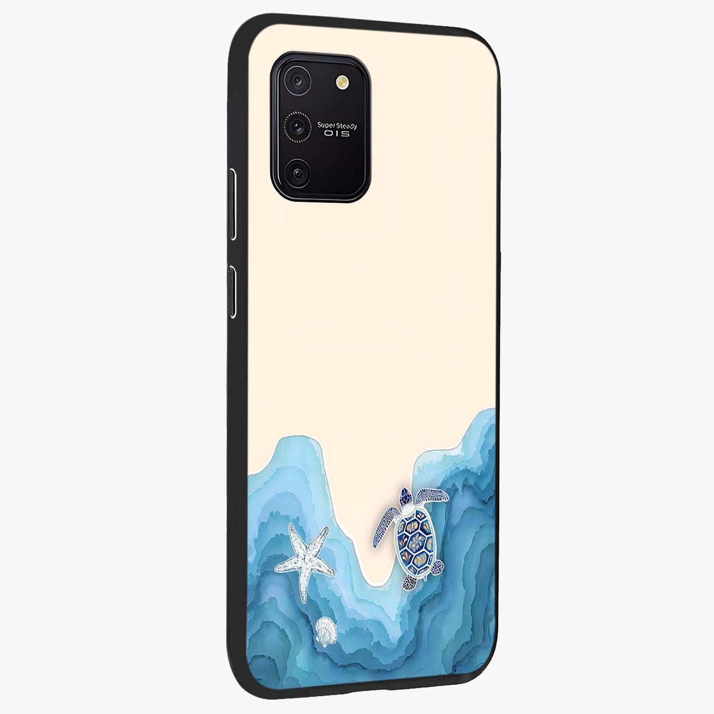 Ocean Drift Turtle Glass Case upright view showcasing calm underwater turtle artwork with nature inspired theme.