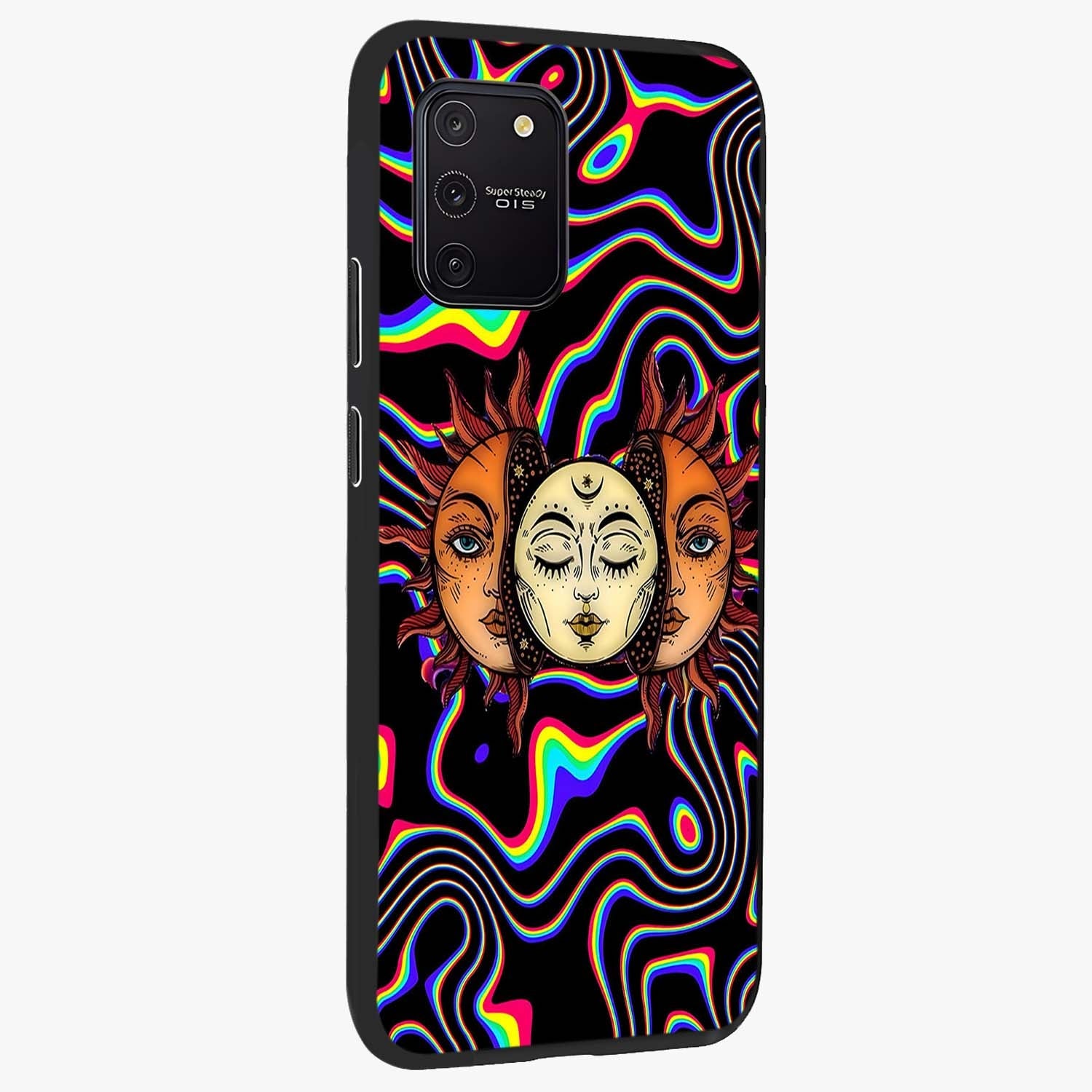 Psychedelic Sun Glass Case upright view showcasing trippy sun artwork with bold psychedelic theme.