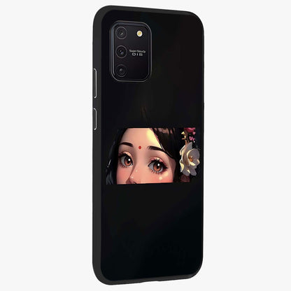 Radha Divine Embrace Glass Case upright view showcasing sacred Radha themed artwork with peaceful devotional style.