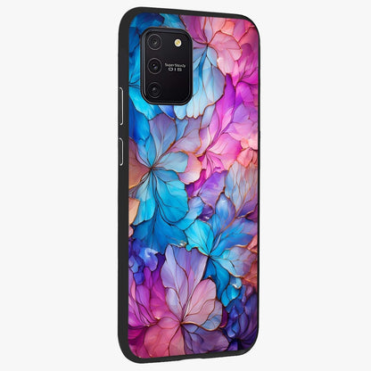 Radiant Floral Whirl Glass Case upright view showcasing lively floral artwork with decorative swirl theme.