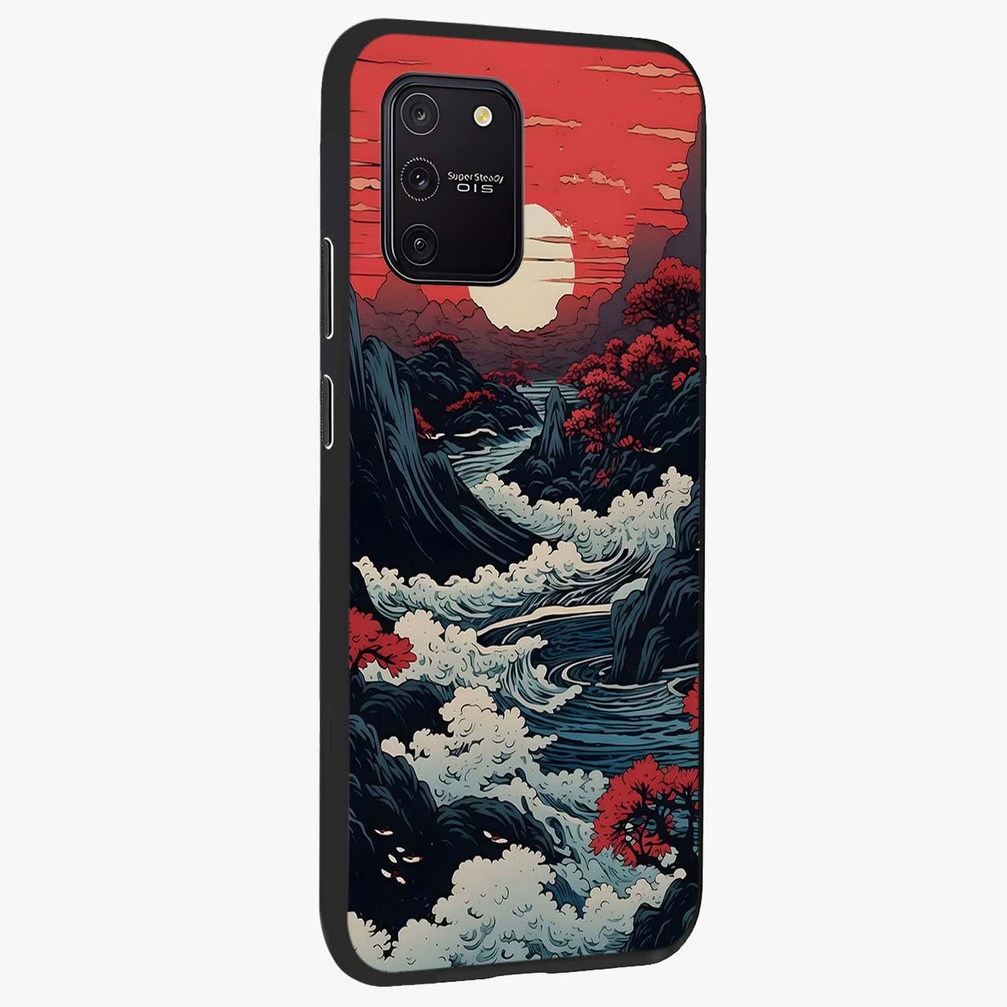 Red Sunset Scenery Glass Case upright view showcasing dramatic sunset scenery artwork with warm nature theme.