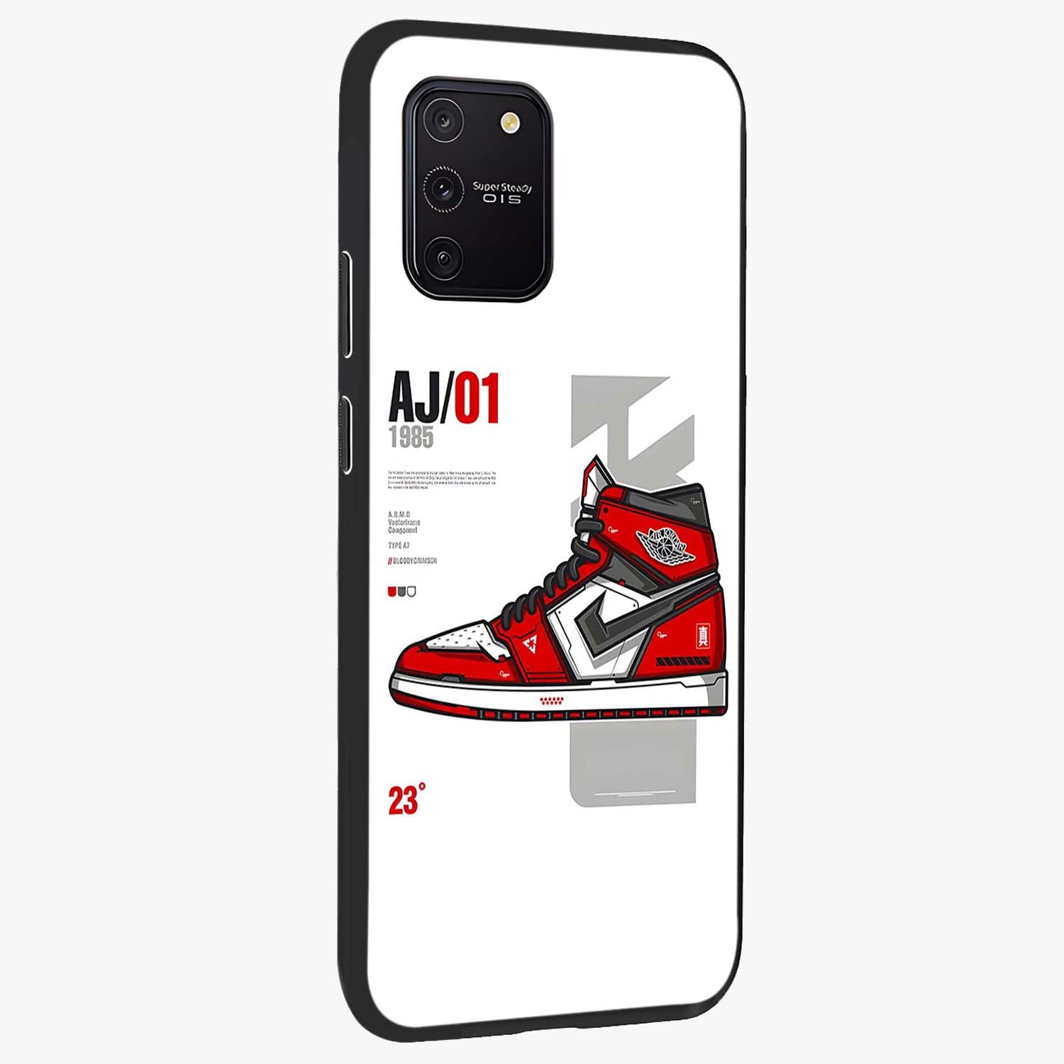 Retro Sneaker Blueprint Glass Case upright view showcasing stylish sneaker illustration with vintage streetwear theme.