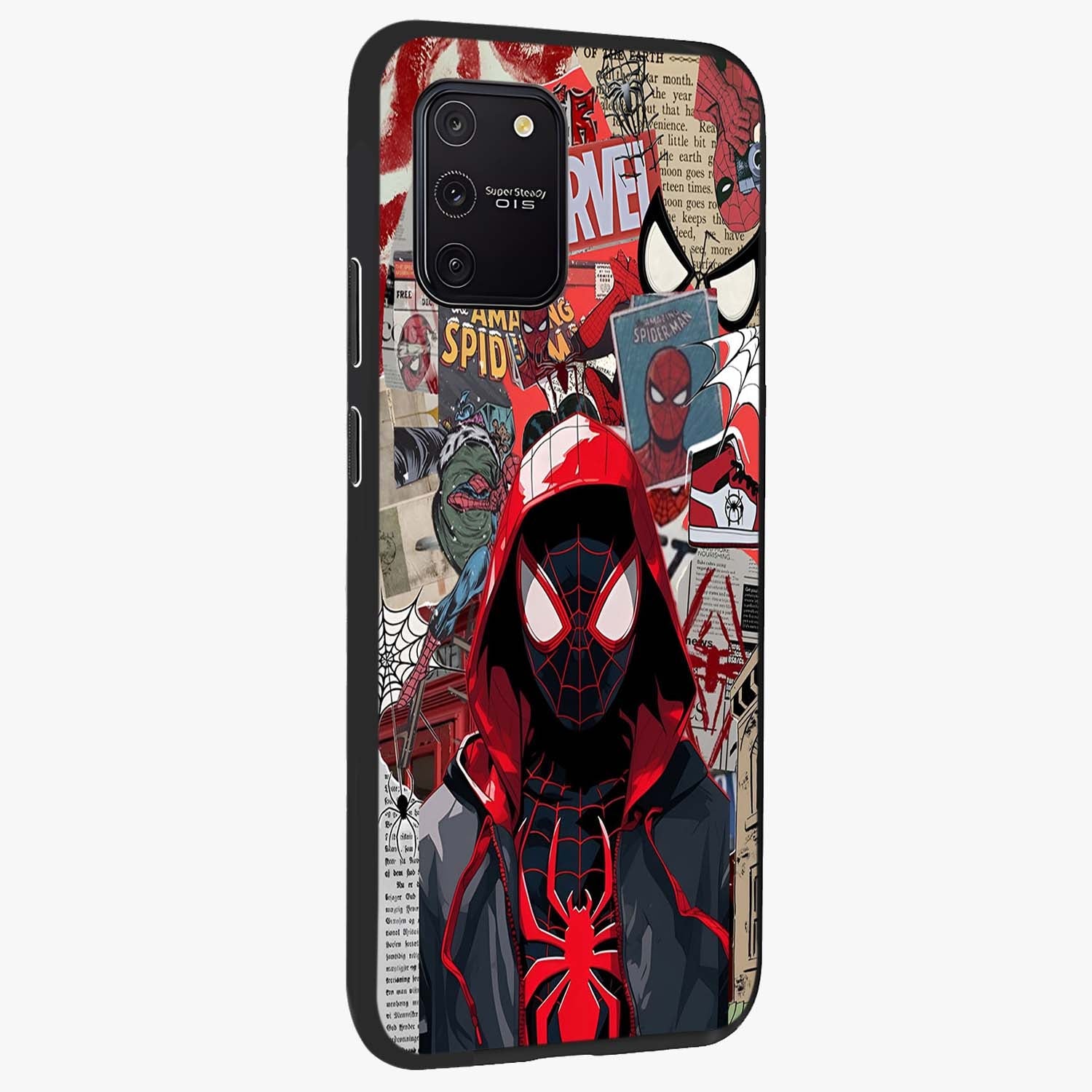 Spider Collage Street Glass Case upright view showcasing bold superhero artwork with urban street theme.