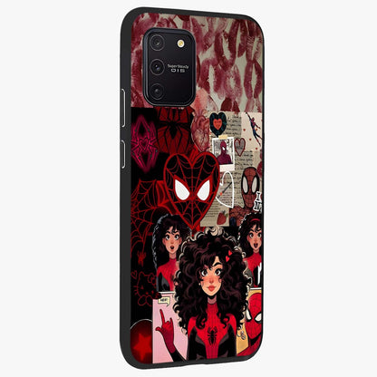 Spider Love Story Glass Case upright view showcasing charming superhero artwork with romantic comic theme.