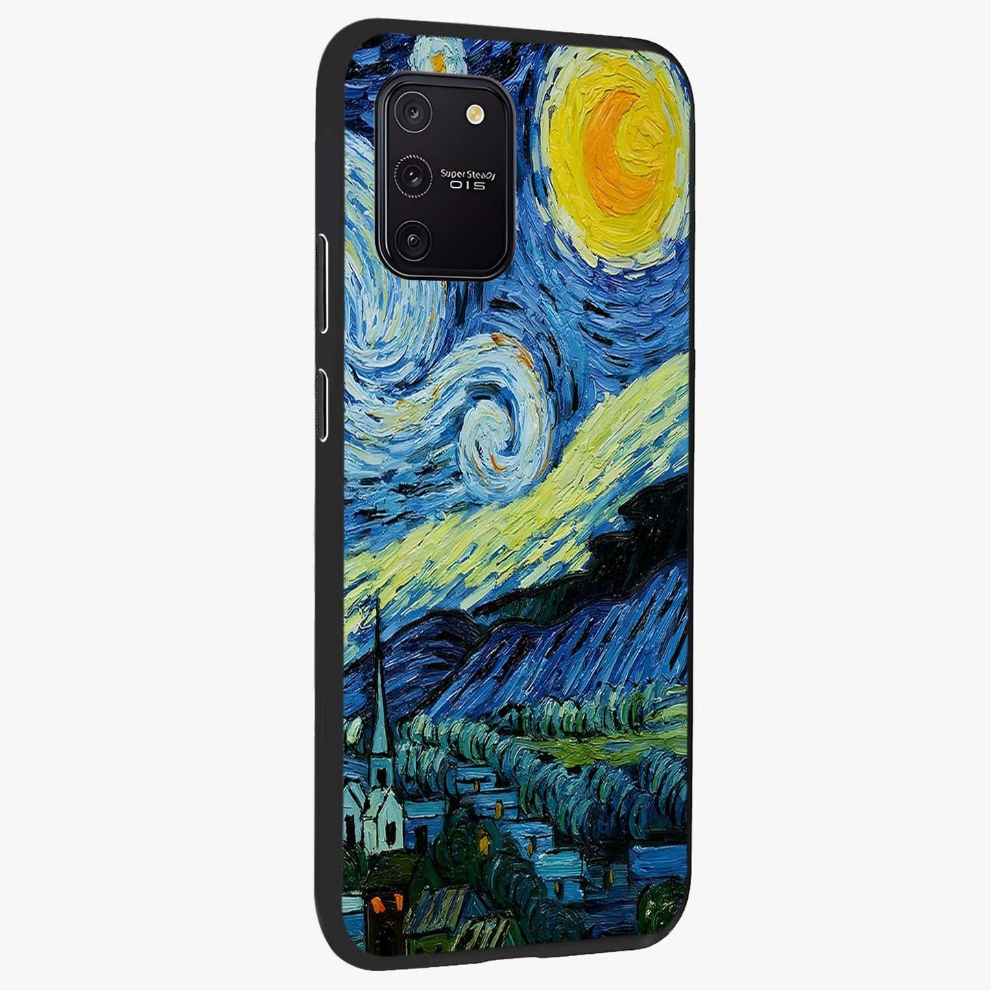 Van Gogh Art Glass Case upright view showcasing expressive painting style artwork with timeless artistic theme.