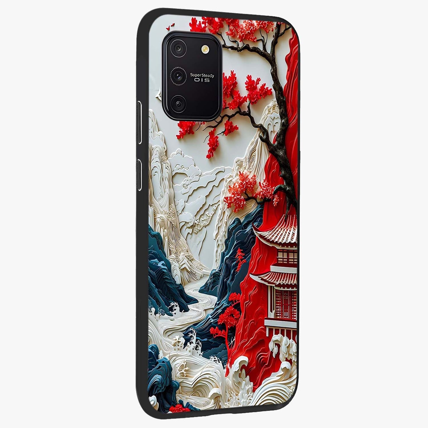 Whispers Of Sakura Waves Glass Case upright view showcasing delicate cherry blossom artwork with elegant nature theme.