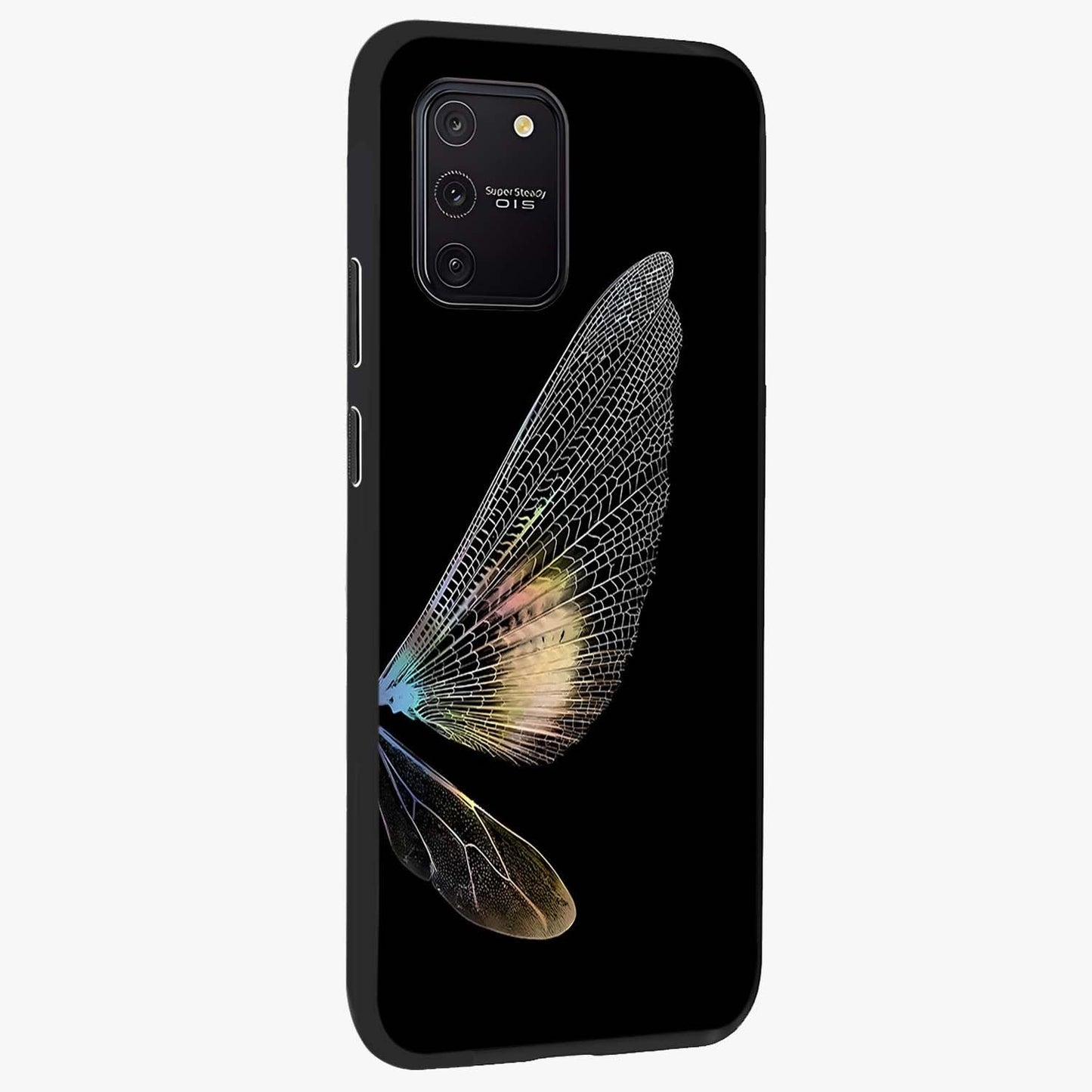 Whispers Of Wings Glass Case upright view showcasing elegant wing artwork with light airy theme.