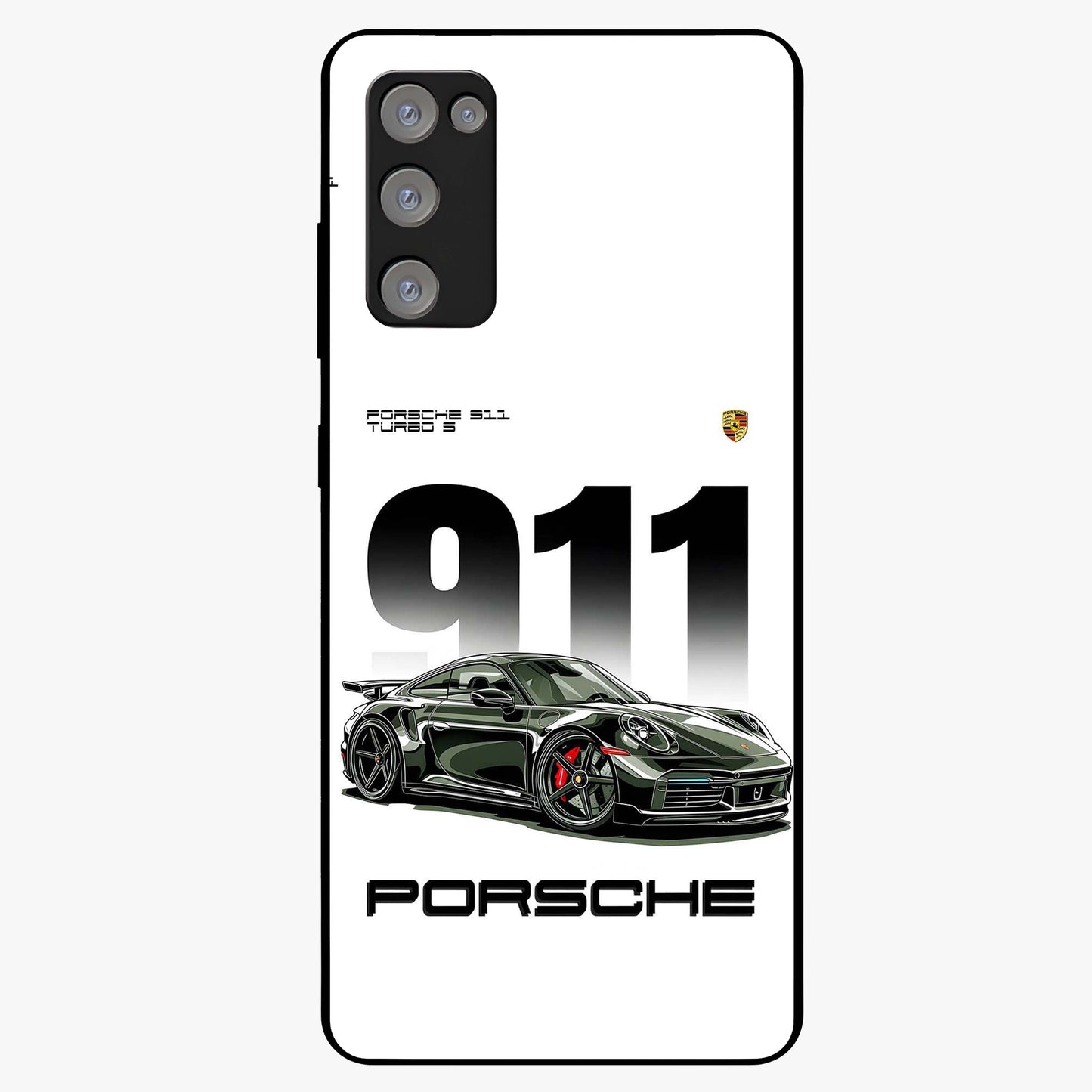 911 Turbo Dominance Glass Case showing clean flat back view with bold 911 sports car artwork and glossy glass finish.