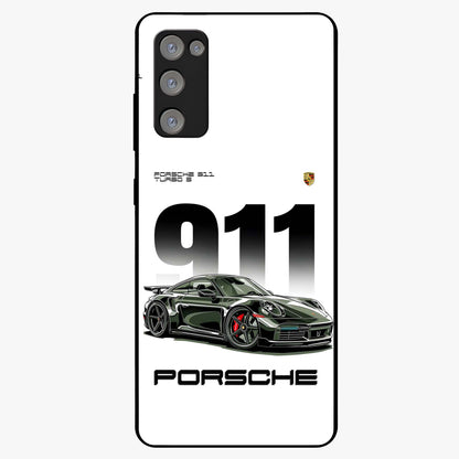 911 Turbo Dominance Glass Case showing clean flat back view with bold 911 sports car artwork and glossy glass finish.