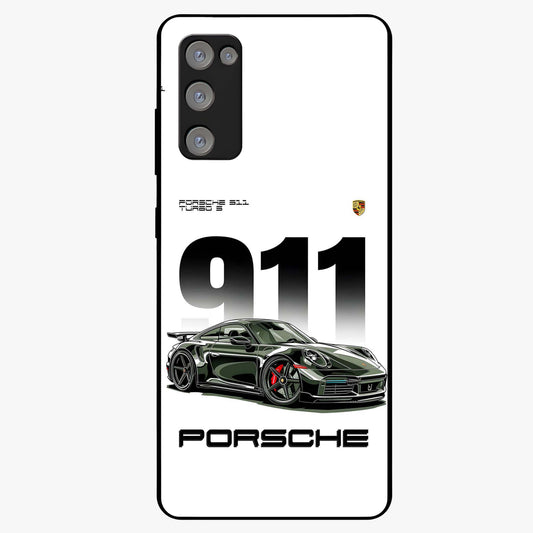 911 Turbo Dominance Glass Case showing clean flat back view with bold 911 sports car artwork and glossy glass finish.