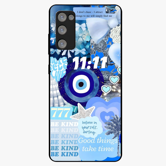 Aesthetic Be Kind Eye Glass Case showing flat back view with motivational eye artwork and glossy glass finish.