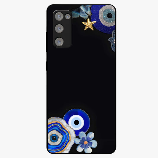 Aesthetic Blue Evil Eye Glass Case showing flat back view with protective evil eye artwork and glossy glass finish.