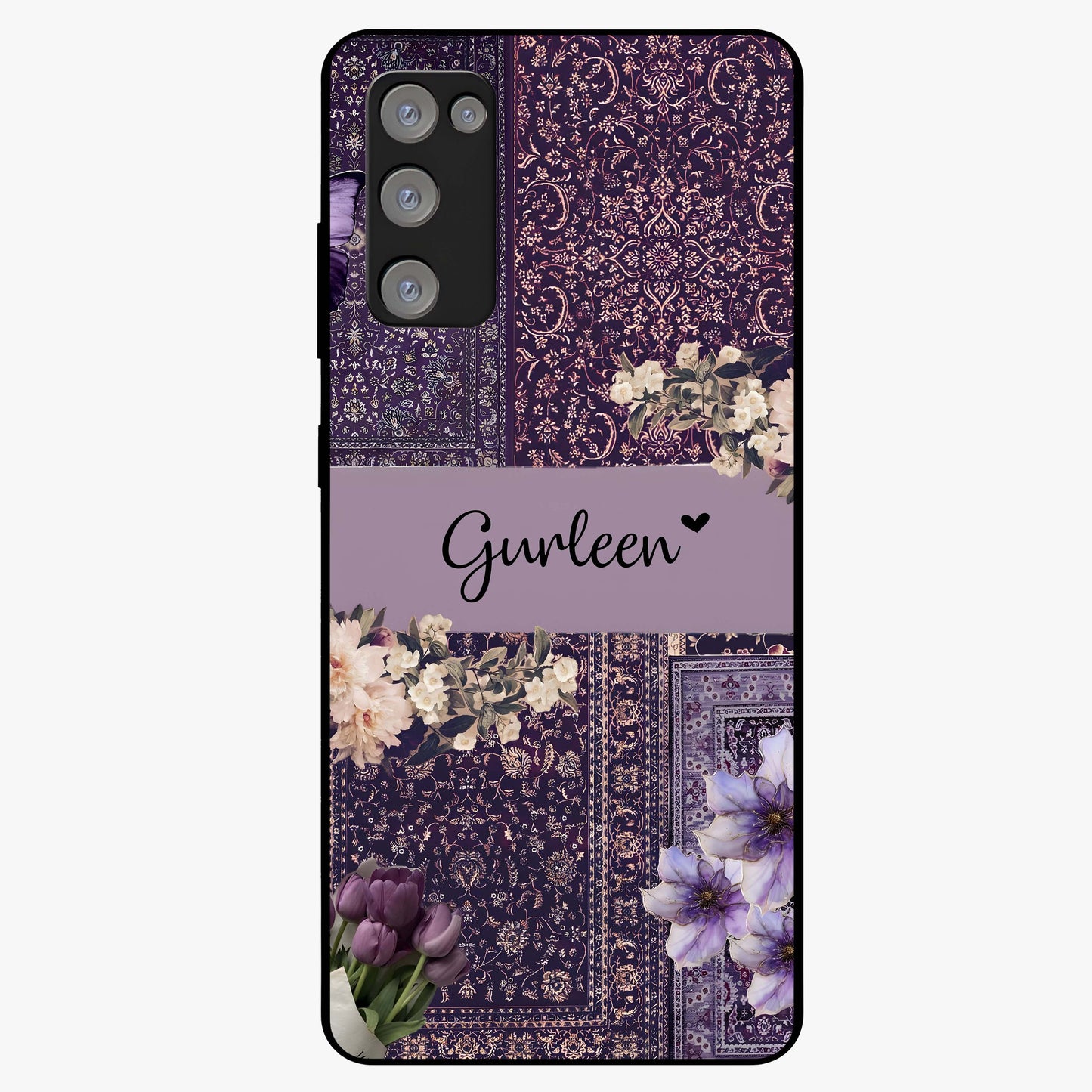 Antique Floral Whisper Custom Name Glass Case showing flat back view with vintage floral artwork and personalized name design.