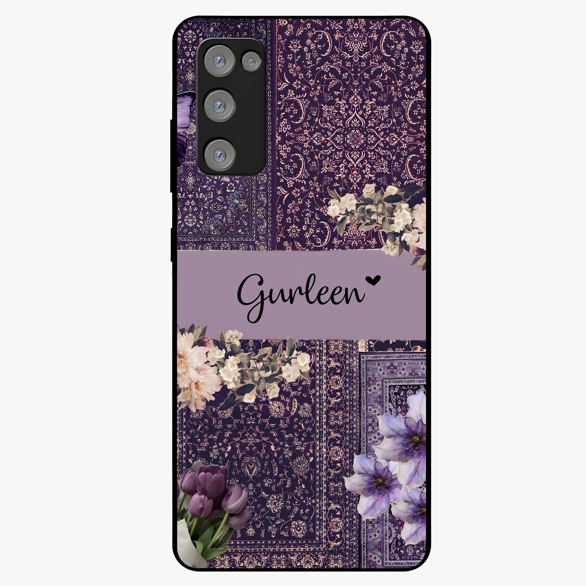 Antique Floral Whisper Custom Name Glass Case showing flat back view with vintage floral artwork and personalized name design.