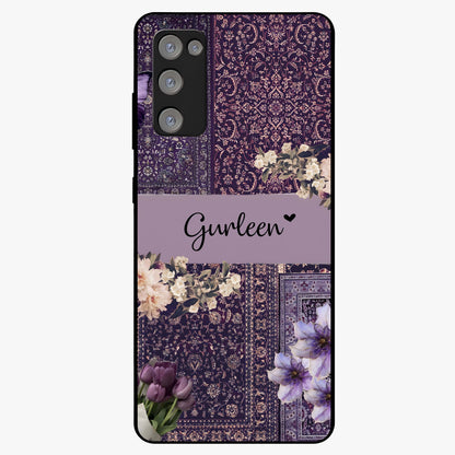 Antique Floral Whisper Custom Name Glass Case showing flat back view with vintage floral artwork and personalized name design.