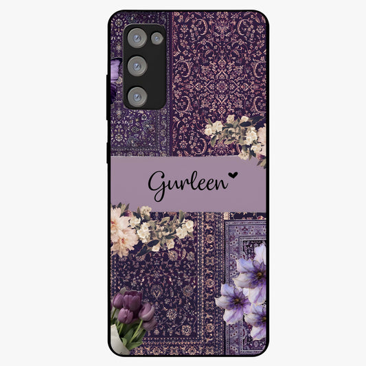 Antique Floral Whisper Custom Name Glass Case showing flat back view with vintage floral artwork and personalized name design.