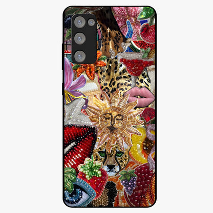 Beaded Fashion Jungle Glass Case showing flat back view with vibrant jungle inspired bead artwork and glossy glass finish.