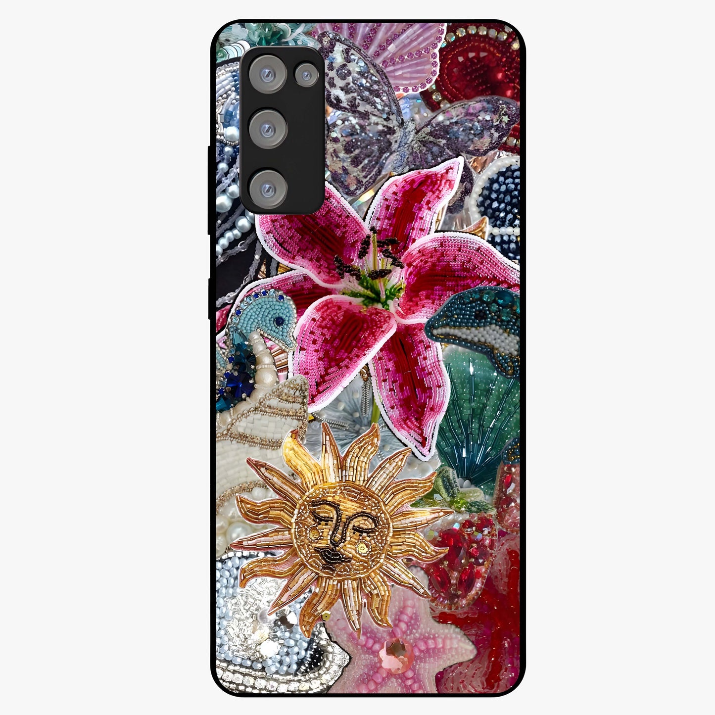 Beaded Garden Fantasy Glass Case showing flat back view with dreamy garden bead artwork and glossy glass finish.