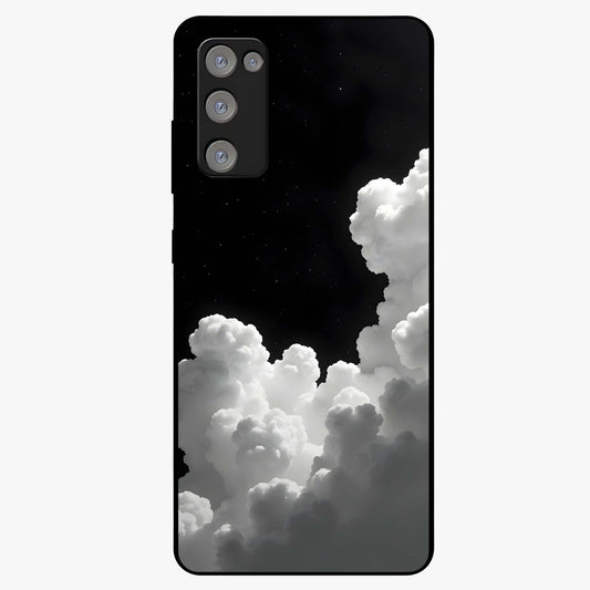 Black Background With White Cloud Glass Case showing flat back view with minimal cloud artwork on dark background and glossy glass finish.