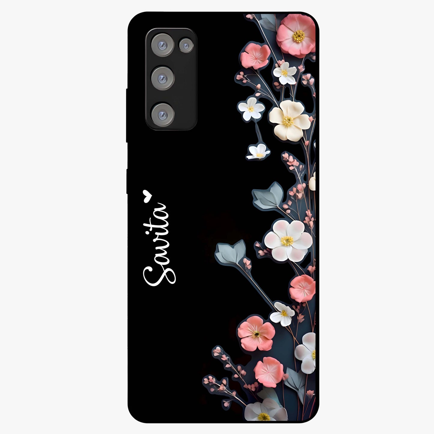 Black Elegance Floral Custom Name Glass Case showing flat back view with elegant floral artwork and personalized name design.