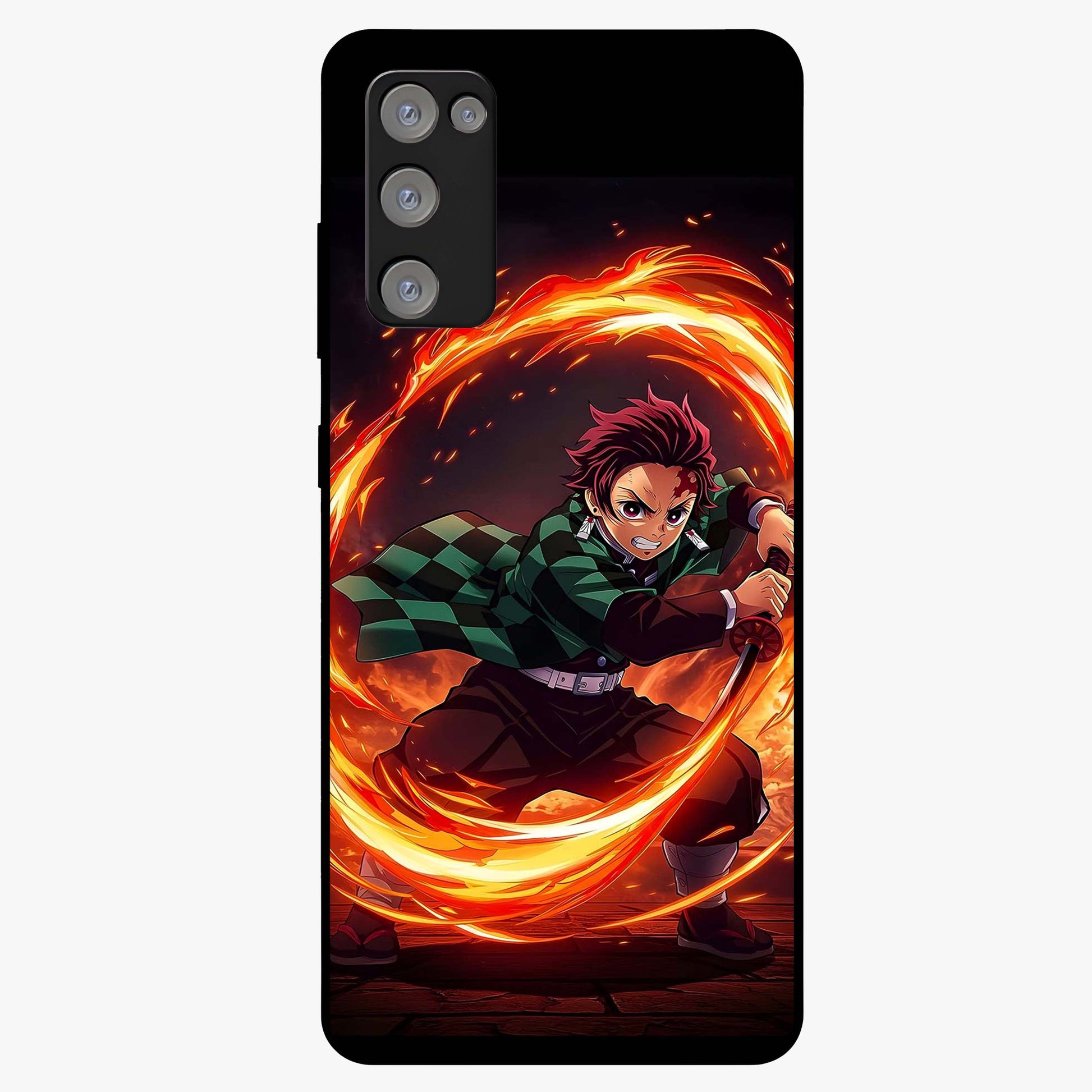Blazing Sword Resolve Glass Case showing flat back view with fiery sword artwork and glossy glass finish.