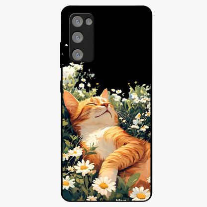 Blissful Bloom Cat Glass Case showing flat back view with cute cat and floral bloom artwork and glossy glass finish.