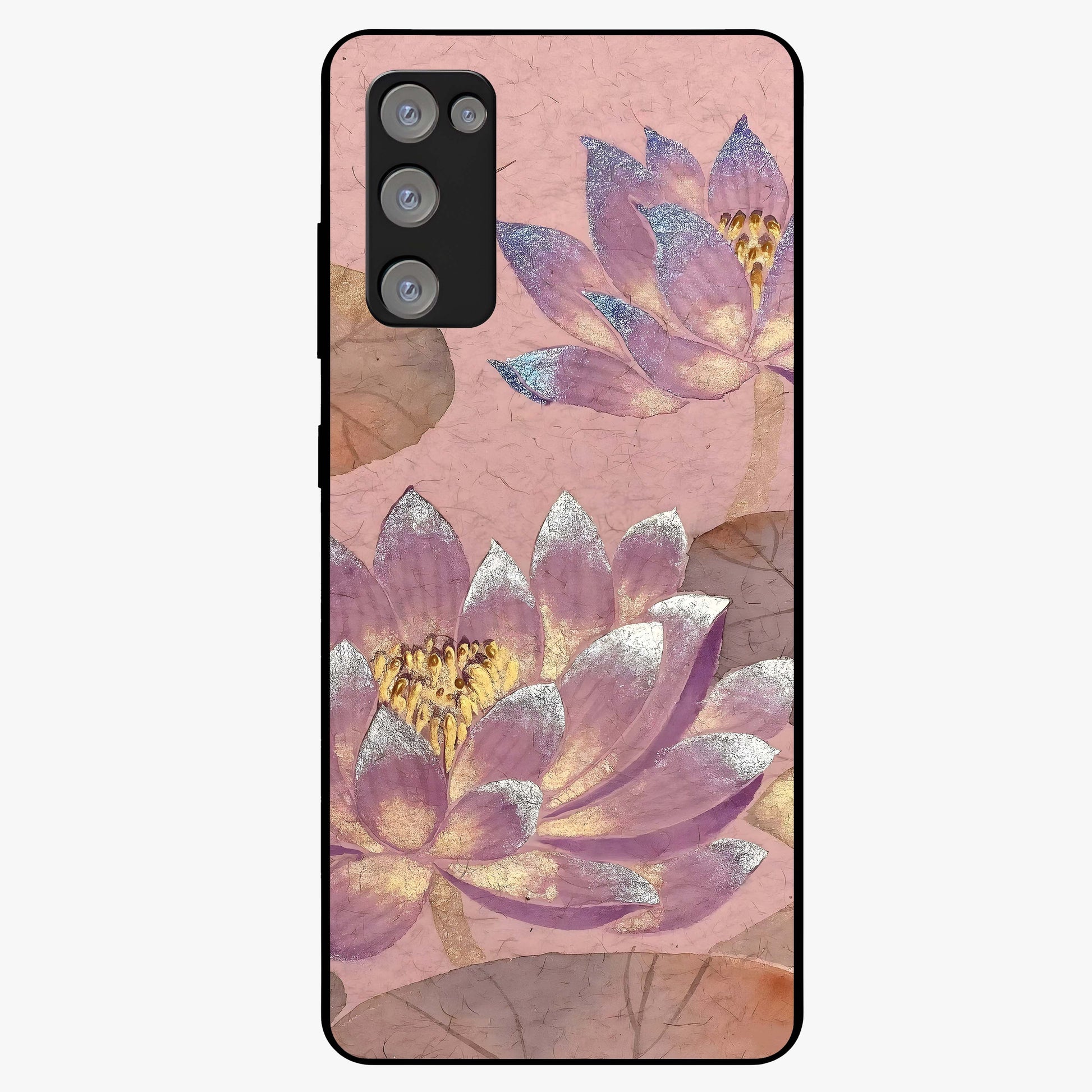 Blossom Mist Lotus Glass Case showing flat back view with serene lotus blossom artwork and glossy glass finish.