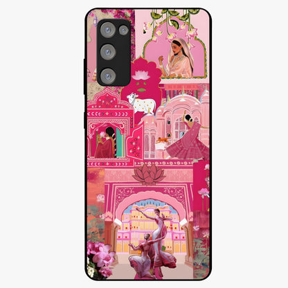 Blossoms of Rajasthan Glass Case showing flat back view with traditional floral artwork inspired by Rajasthan and glossy glass finish.