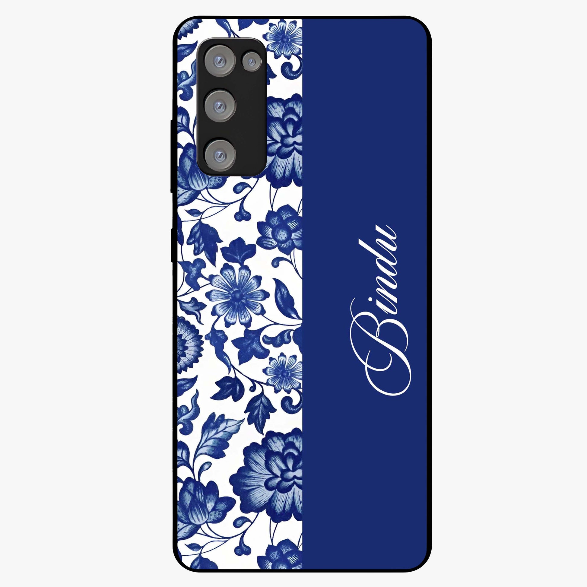 Blue Vintage Floral Pattern Glass Case upright view showcasing timeless floral illustration with vintage inspired style.