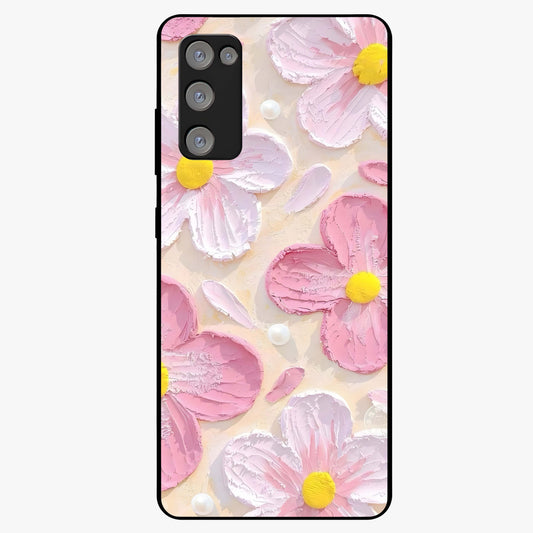 Blush Bloom Texture Glass Case showing flat back view with soft blush floral texture artwork and glossy glass finish.