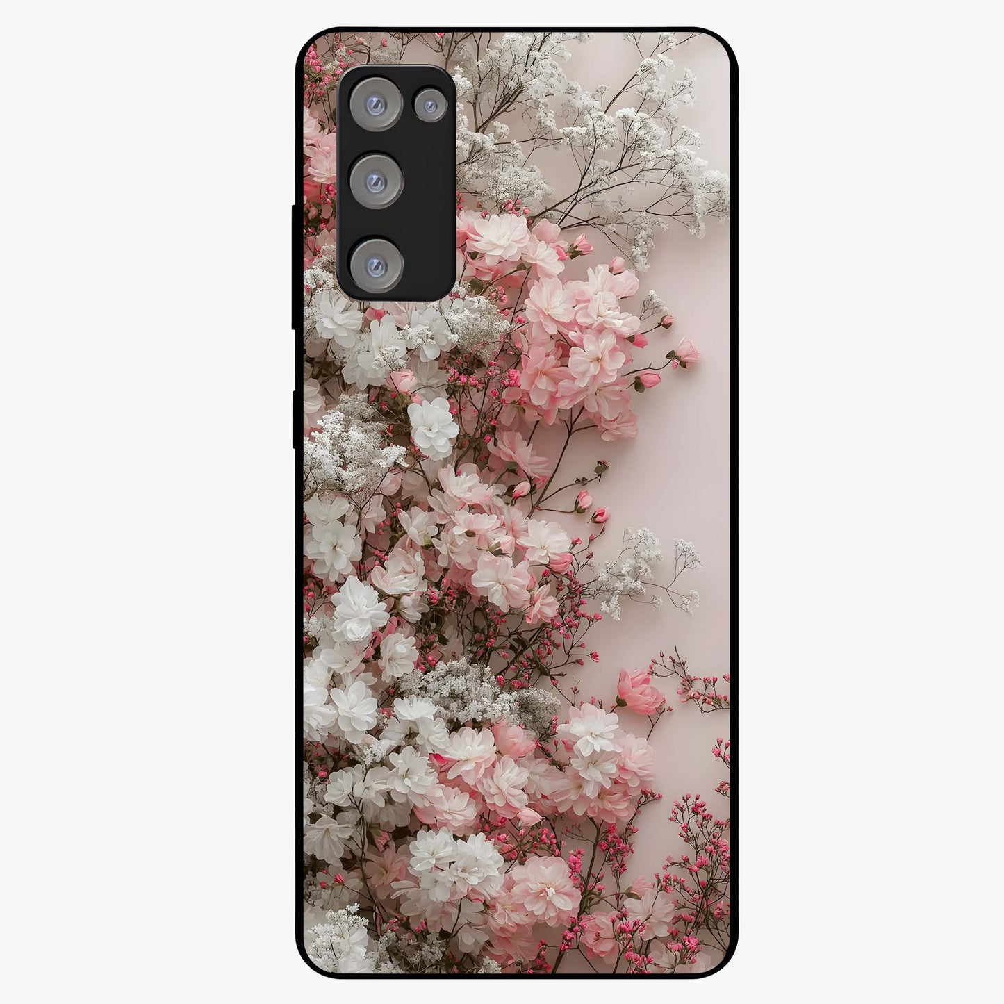 Blush Blossom Cloud Glass Case showing flat back view with dreamy blush cloud blossom artwork and glossy glass finish.