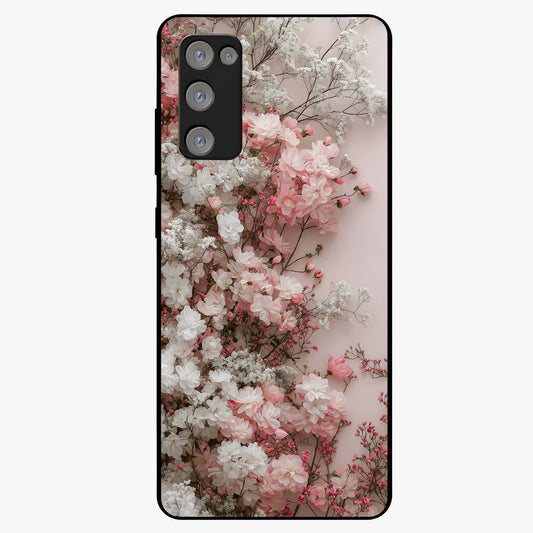 Blush Blossom Cloud Glass Case showing flat back view with dreamy blush cloud blossom artwork and glossy glass finish.