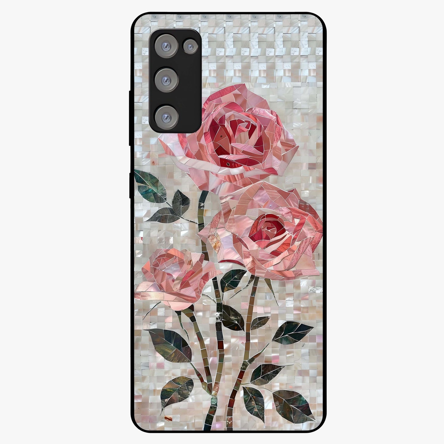Blush Mosaic Bloom Glass Case showing flat back view with mosaic floral bloom artwork and glossy glass finish.