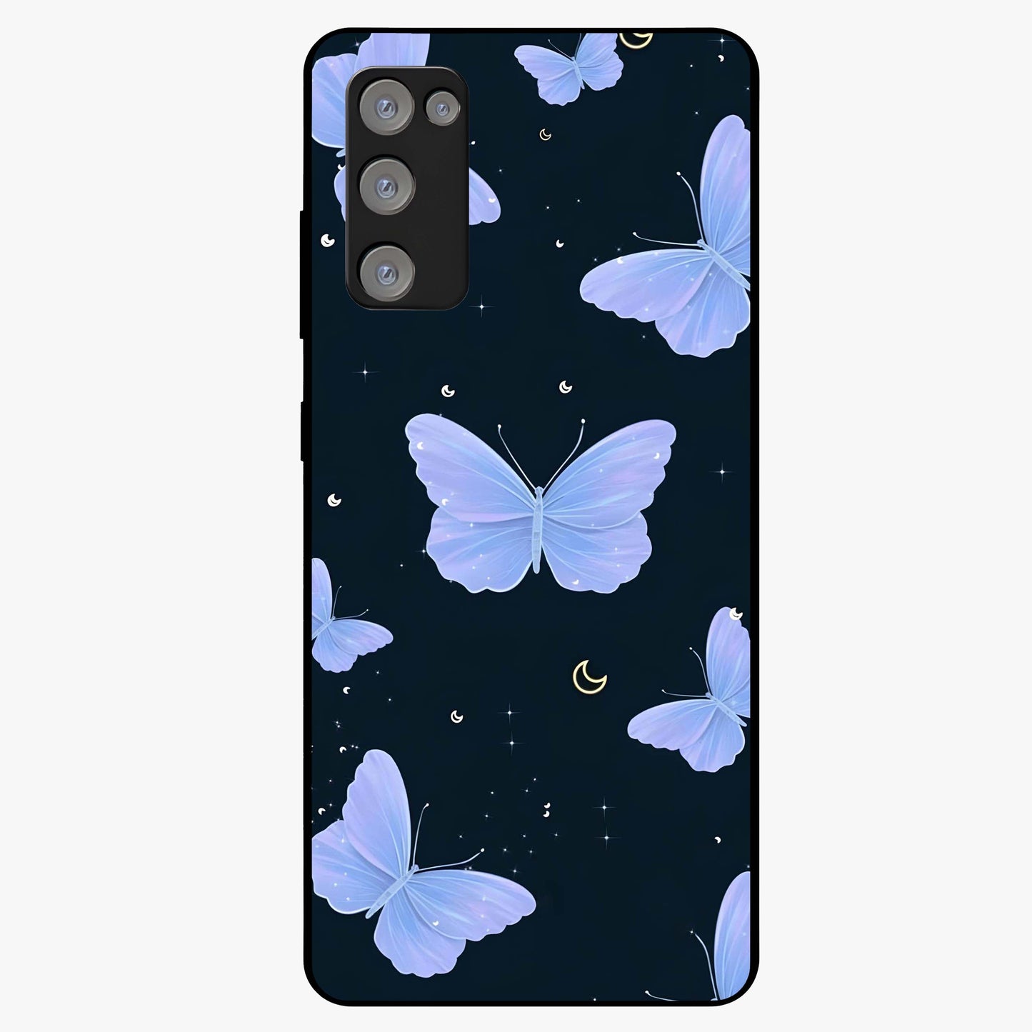 Butterfly With Stars Pattern Glass Case showing flat back view with butterfly and star pattern artwork and glossy glass finish.