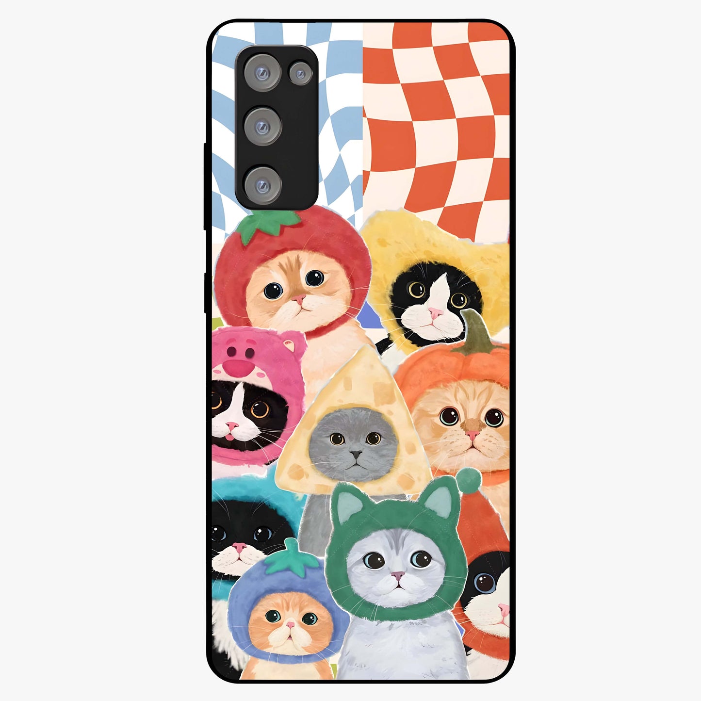Cats in Fruits Glass Case showing flat back view with playful cat illustrations inside fruit artwork and glossy glass finish.
