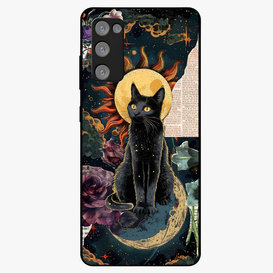 Celestial Black Cat Glass Case showing flat back view with mystical black cat artwork and glossy glass finish.