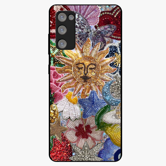 Celestial Floral and Playful Glass Case showing flat back view with floral and celestial themed artwork and glossy glass finish.