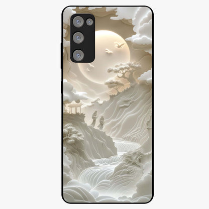 Celestial Origami Glass Case showing flat back view with artistic origami inspired celestial artwork and glossy glass finish.