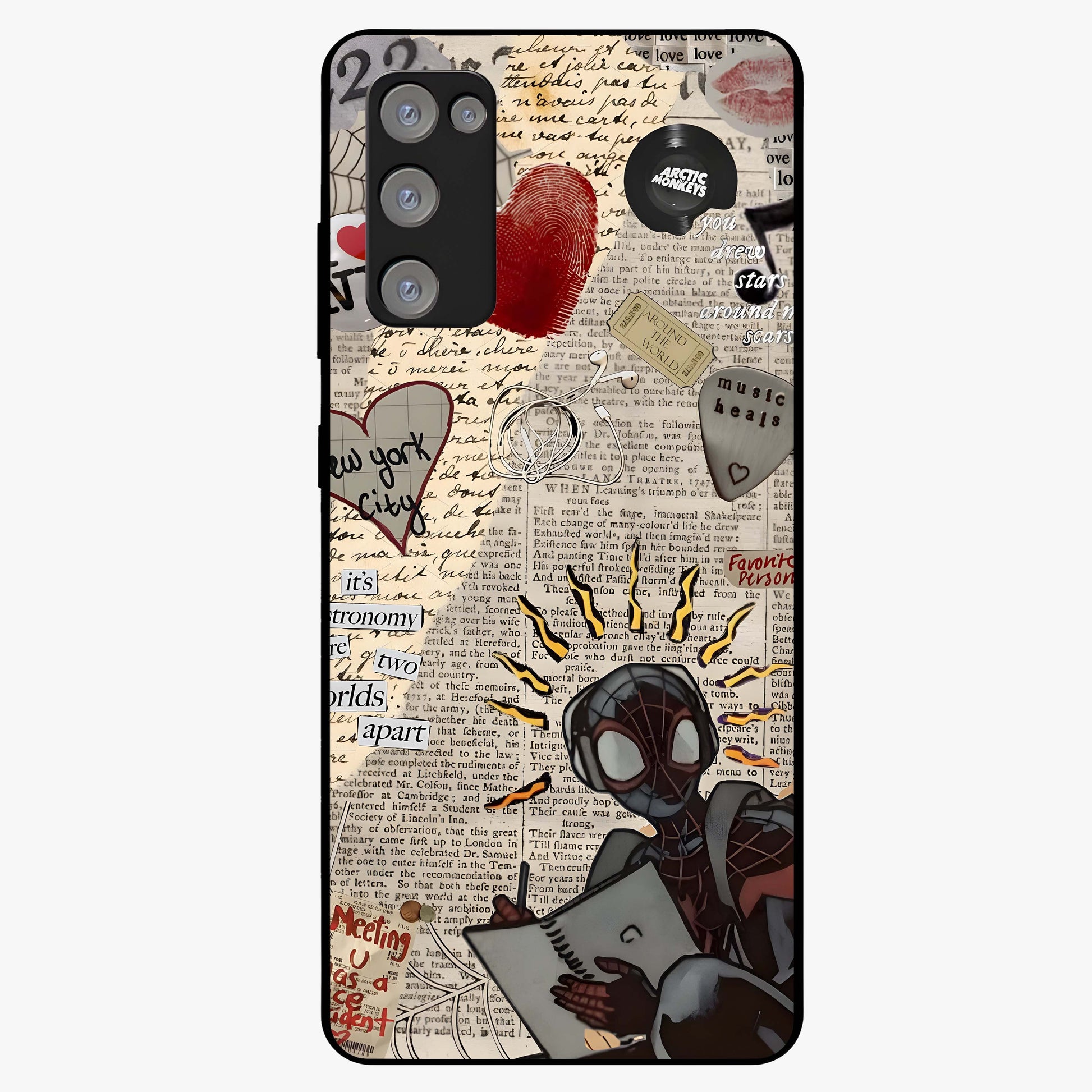 City Dream Sketch Glass Case showing flat back view with artistic city skyline sketch artwork and glossy glass finish.