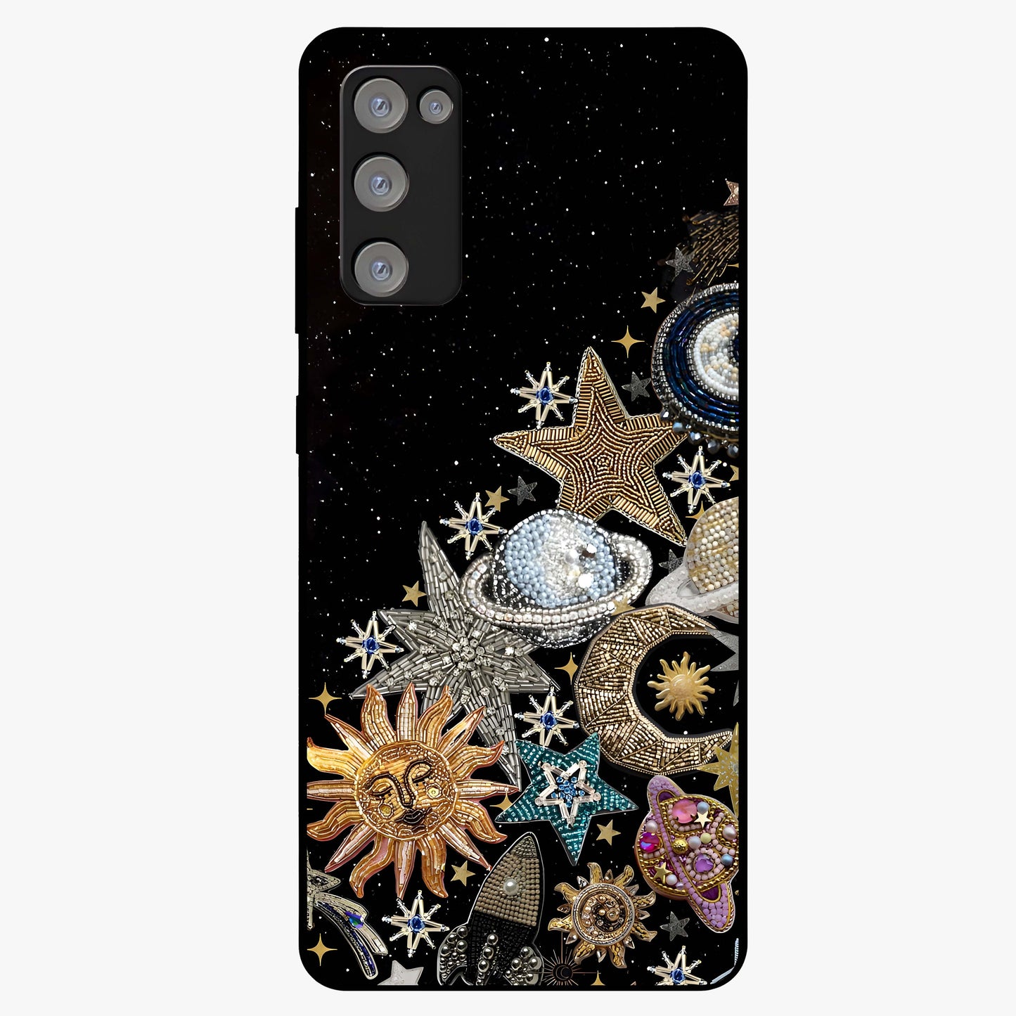 Cosmic Sparkle Dreams Glass Case showing flat back view with sparkling cosmic artwork and glossy glass finish.